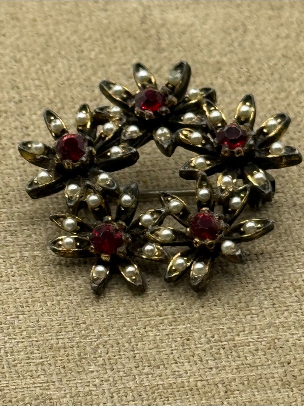 Vintage Floral Cluster Brooch with Red Stones and Pearls